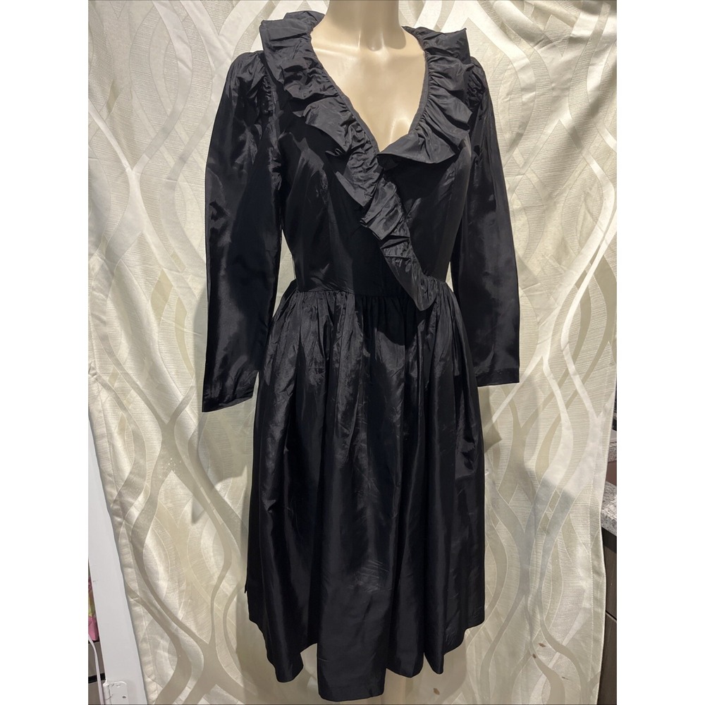 Caron Black Vintage 70s Romantic Goth Regency Ruffle Trim Midi Length Dress- 10